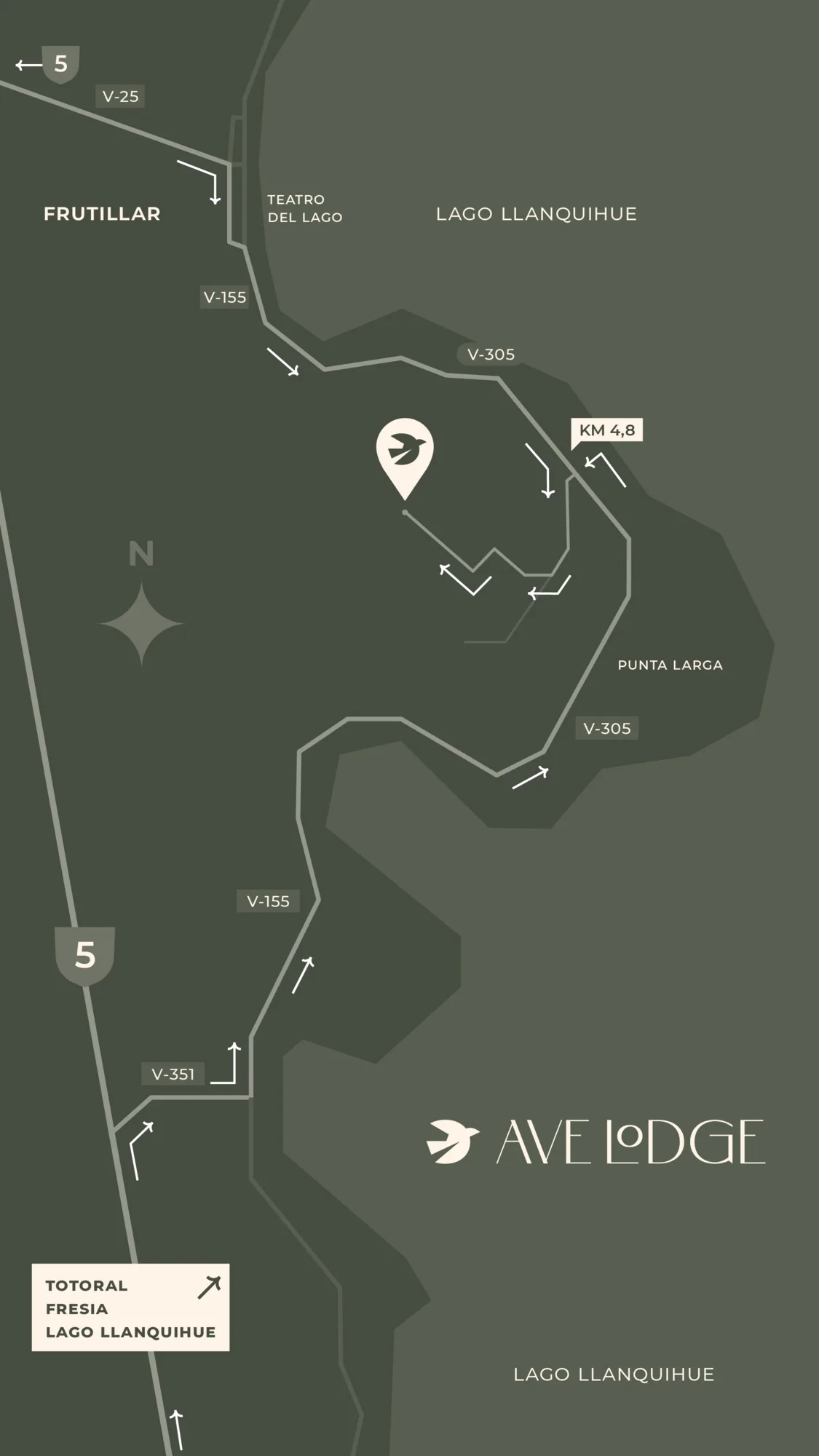 Mapa de llegada a Ave Lodge, km 4,8 camino a Punta Larga, Frutillar